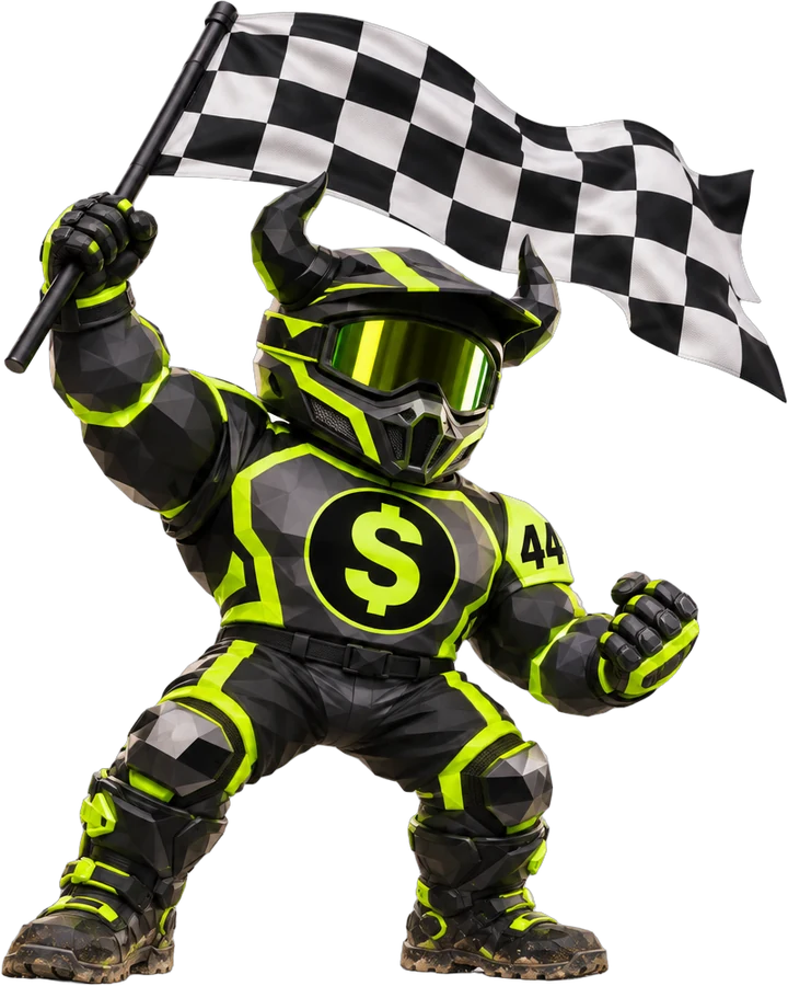 Max, the 4X4 Data mascot: a black and neon-lime low-poly monster in a full-face off-road racing helmet and motocross gear, waving a checkered flag