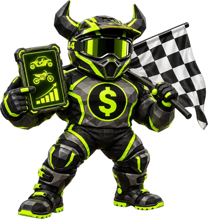 Max, the 4X4 Data off-road racer in a full-face helmet, holding a checkered flag and a tablet showing a UTV, a dirt bike and a rising bar chart